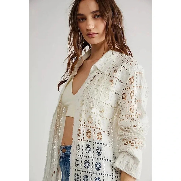 New Free People FP One Yesenia Shacket Crochet Lace Long Sleeve Button Down - Picture 13 of 13
